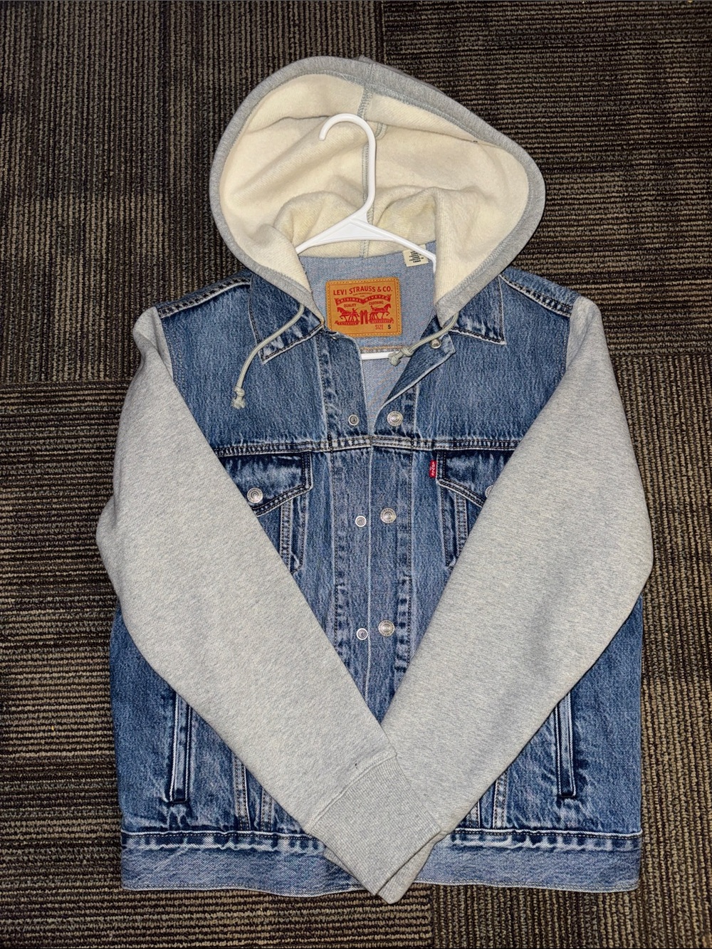 Levi's Blue Denim Jacket with Light Gray Hood & Sleeves